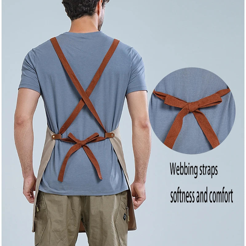 A man wearing a gray t-shirt and khaki pants with brown webbing straps tied in a bow, demonstrating the waterproof adjustable