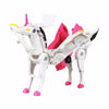 A white and pink transforming unicorn car toy featuring magnetic collision features.