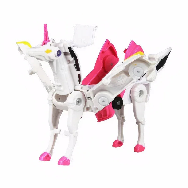 A white and pink transforming unicorn car toy featuring magnetic collision features.