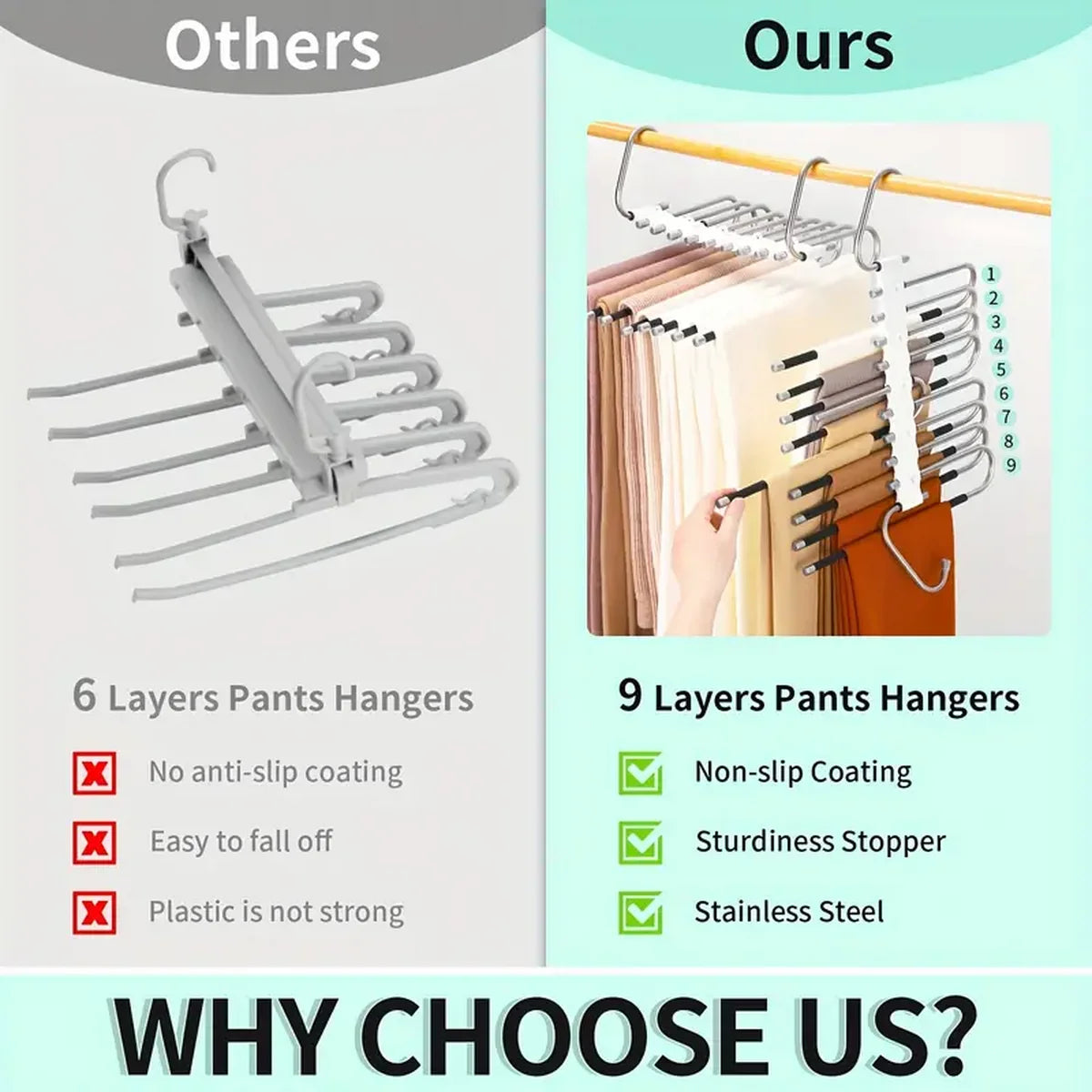 Comparison of 6-layer and 9-layer pants hangers, highlighting features like non-slip coating and stainless steel construction