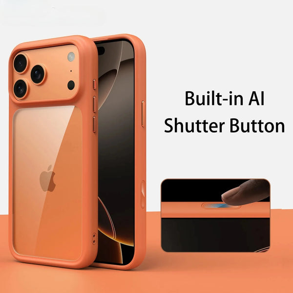 Funda transparente mate con detalles naranjas mostrando un smartphone y un primer plano de un dedo presionando un botón.