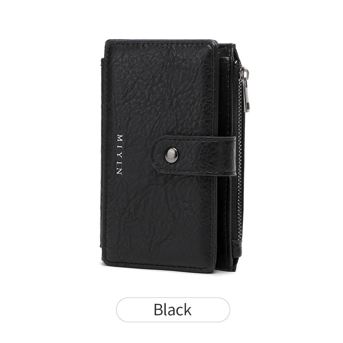 Portefeuille à deux plis noir anti-RFID avec bords cousus et texture de cuir.