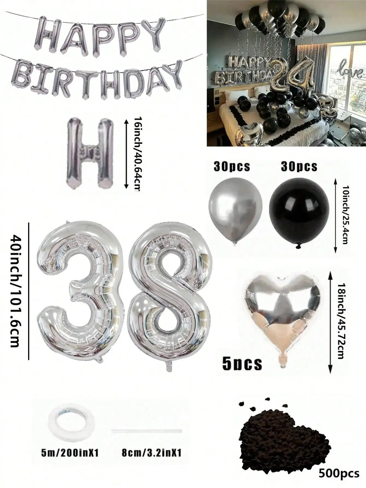 A kit for creating a balloon garland featuring silver and black foil numbers and balloons.