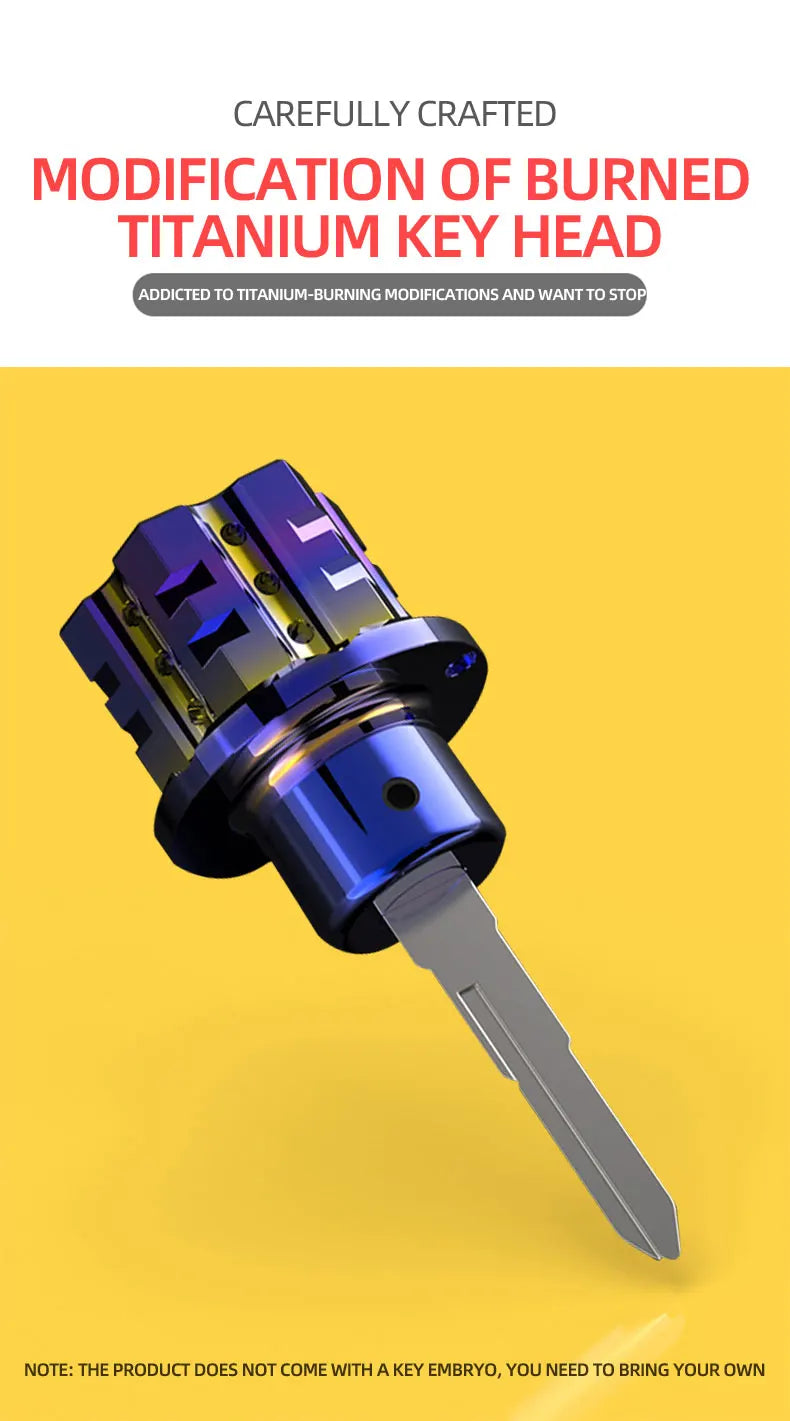A close-up view of a modification of a burned titanium key head, featuring a dark blue and silver machined component.