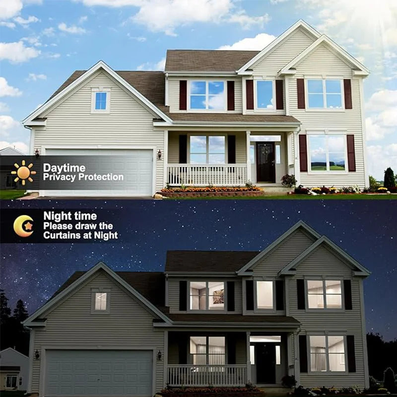A split image showing a house with daytime privacy film and the same house at night with curtains drawn.
