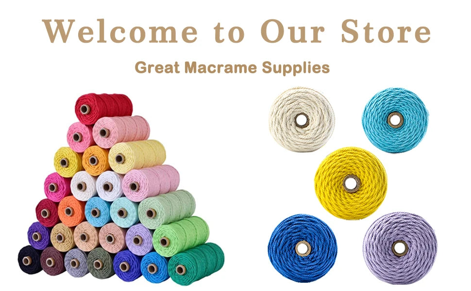 A variety of spools of natural colored macrame cord in various shades including red, pink, yellow, green, and blue.