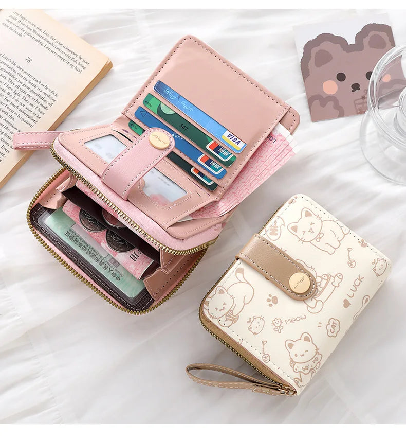 Cute Cat Face PU Leather Coin Purse with Wrist Strap