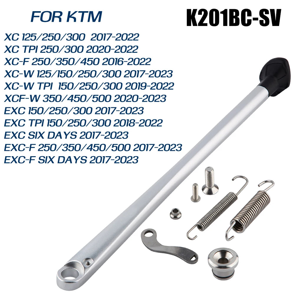 KTM side stand kit with ABS foot featuring a silver metal rod and various hardware components