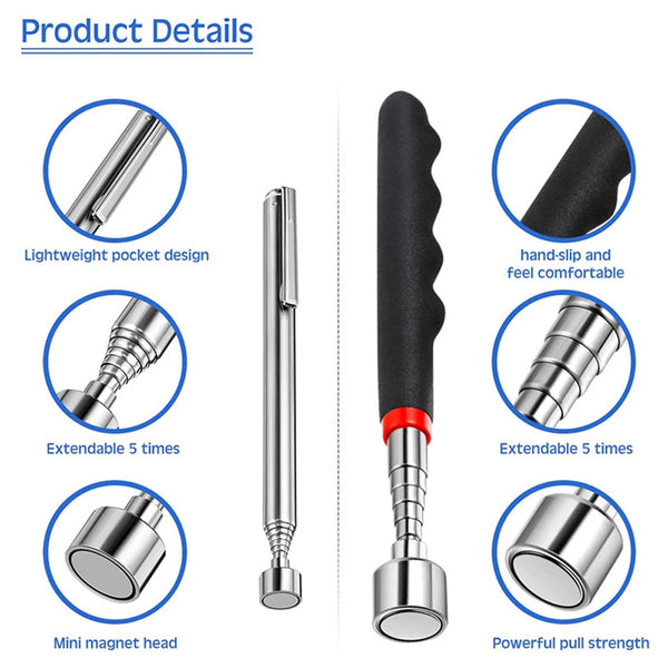 A set of extendable magnetic pickup tools shown with various features including lightweight design, 5 times extension, mini m