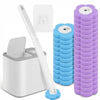 A wall-mounted toilet brush set featuring a long handle, a brush head, and a purple sponge holder.