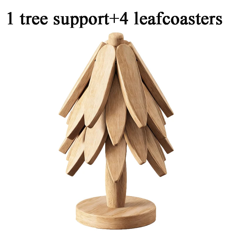 A wooden tree design featuring one main support and four leaf coasters.
