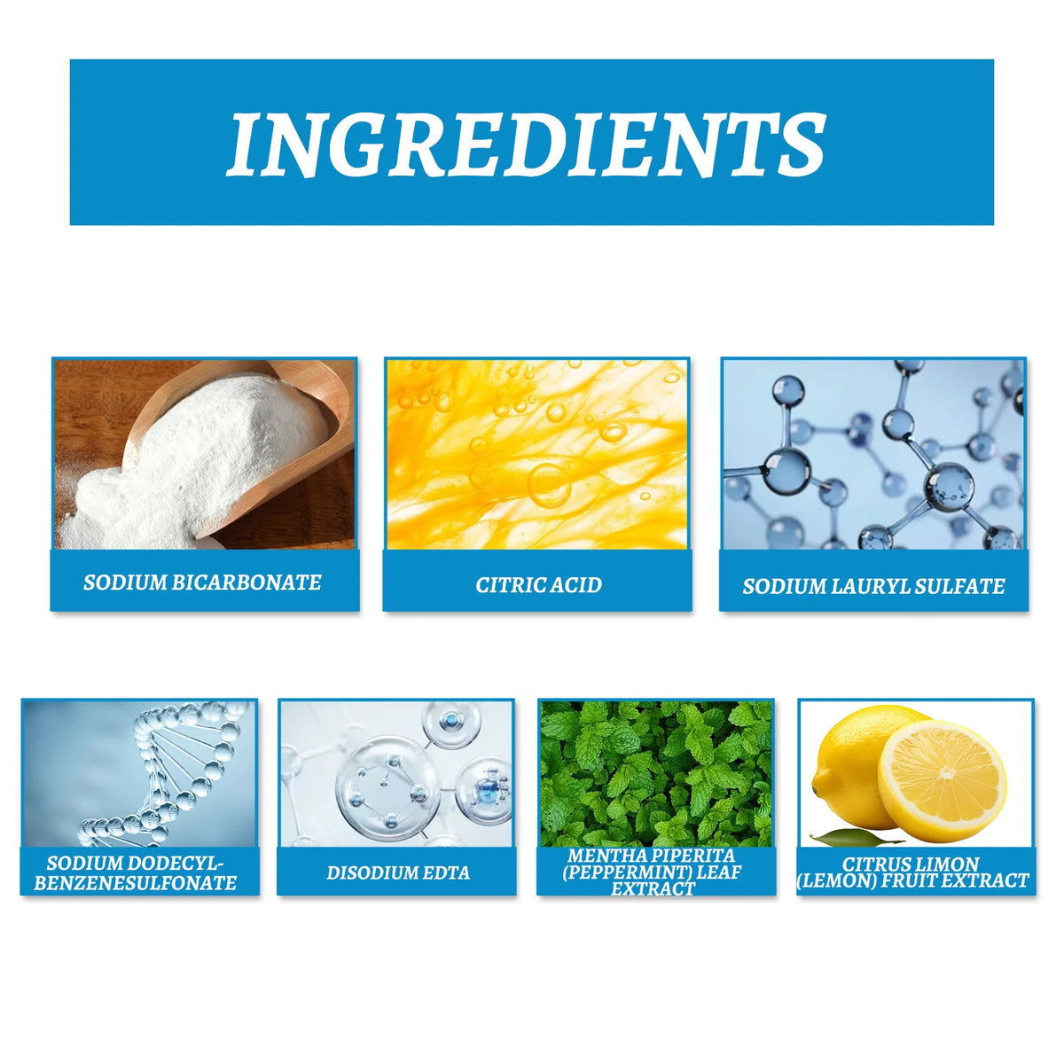 Ingredients list showing Sodium Bicarbonate, Citric Acid, Sodium Lauryl Sulfate, Sodium Dodecyl Benzenesulfonate, Sodium EDTA
