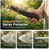 Hand holding an adjustable spray pattern nozzle for a pressure washer, demonstrating fine mist, medium cone, and powerful jet