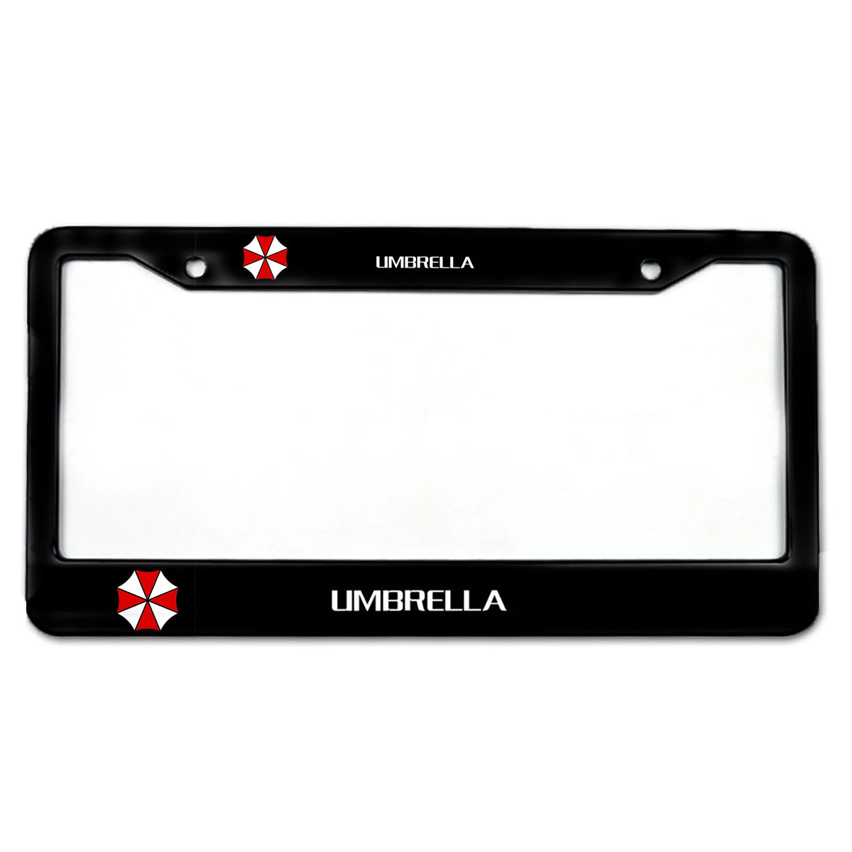 Black aluminum license plate frame with red accents for a waterproof car tag holder.