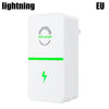 A white voltage stabilizer and energy saver plug device with a green indicator light.