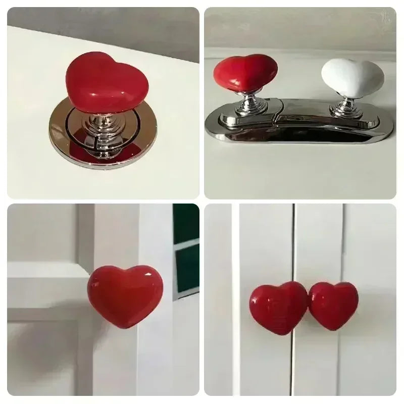 A heart-shaped toilet flush button with a silver base and nail protector, shown in various views.