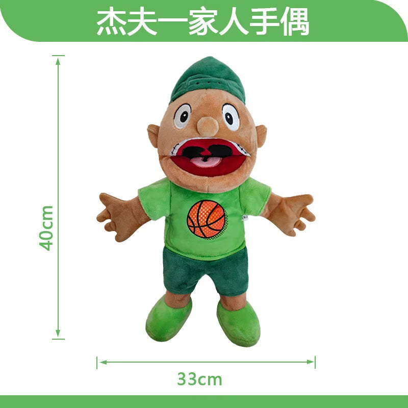 A soft plush hand puppet of a boy dressed in green sports attire, featuring an orange basketball.