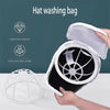 A hand is opening a white mesh hat washing bag, showing its interior and highlighting features like heat resistance.