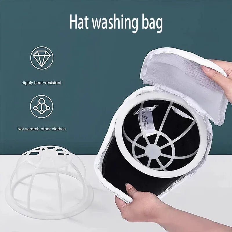 A hand is opening a white mesh hat washing bag, showing its interior and highlighting features like heat resistance.