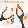 Orange and black multi-functional reacher grabber tool with a 360 degree rotating clamp and attached keys