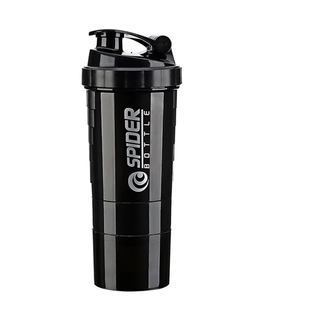Black sports bottle with a black cap and silver spider logo on the side.