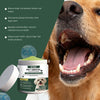 Jar of Kriath Pet Dental Cleaning Powder next to a dog's face showing fresh breath and oral health benefits