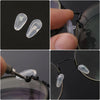 Close-up images showing soft silicone air chamber nose pads and a mini screwdriver used for glasses repair.