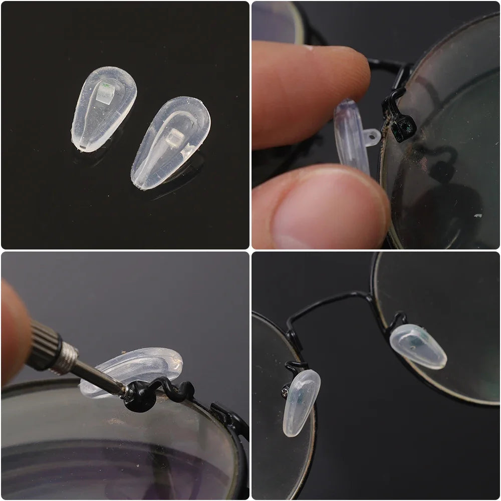 Close-up images showing soft silicone air chamber nose pads and a mini screwdriver used for glasses repair.
