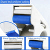 A white masking tape applicator tool with a blue pulley and sharp serrated cutting blades for uniform cutting.