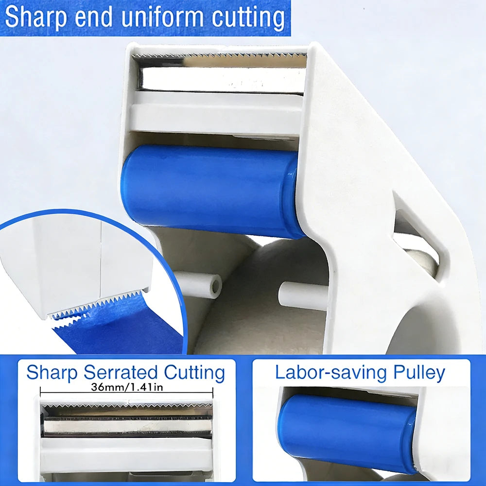 A white masking tape applicator tool with a blue pulley and sharp serrated cutting blades for uniform cutting.