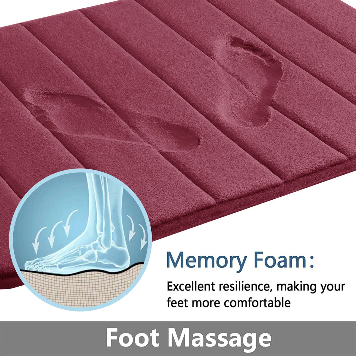 Nahaufnahme einer kastanienbraunen Memory-Schaummatte mit Fußabdrücken und Text zu Fußmassagemassagen.