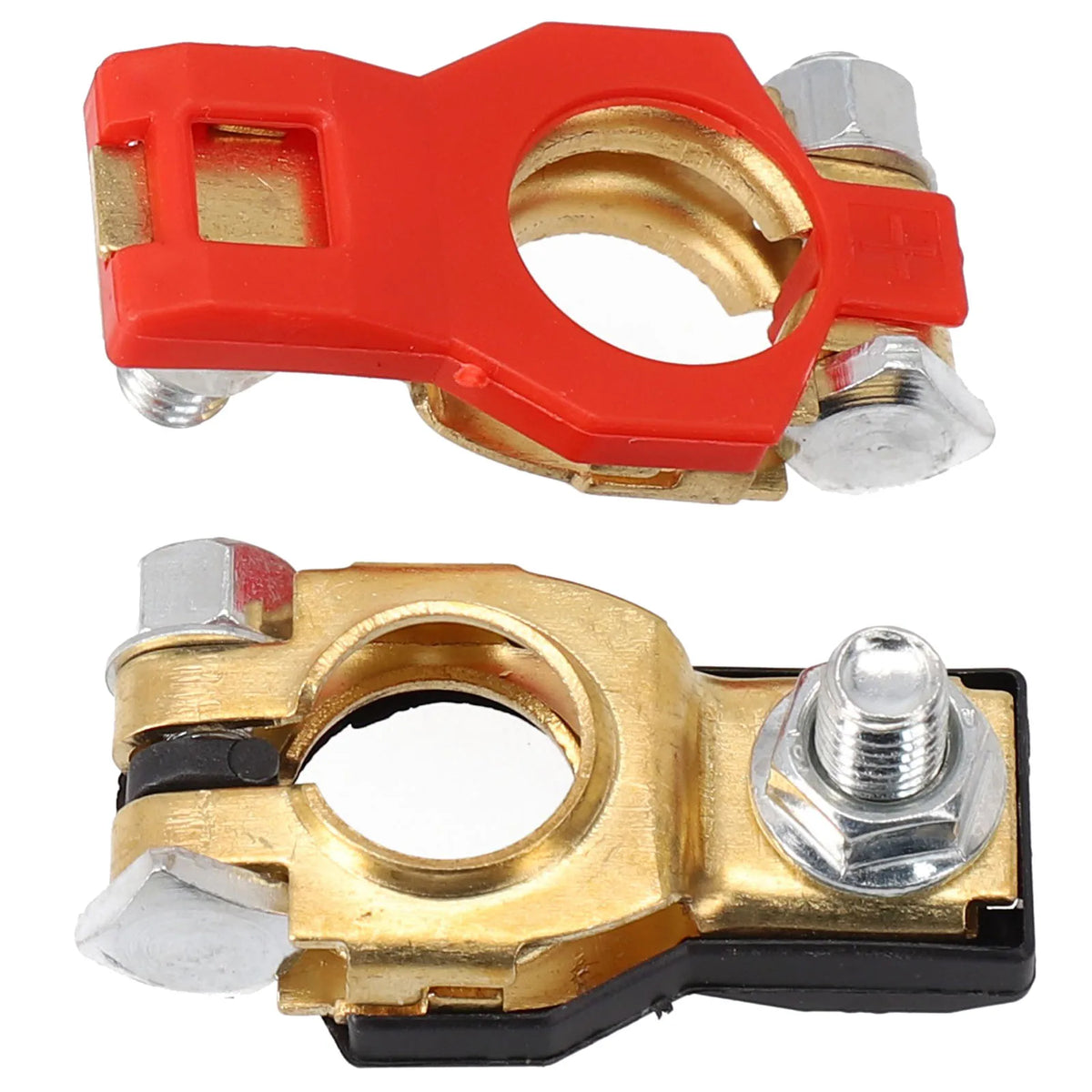 Two quick-release copper car battery terminals with red and gold plastic connectors