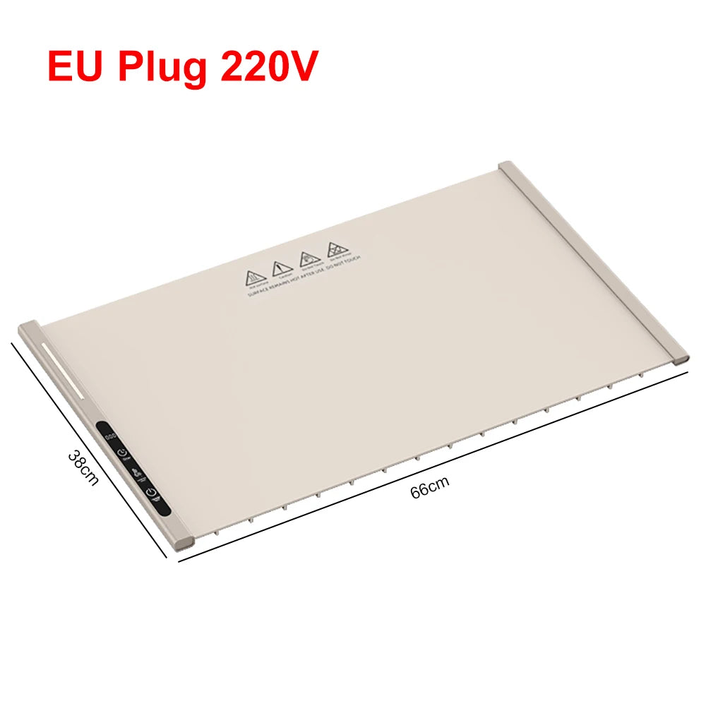 A rectangular beige foldable electric food warming tray with dimensions 38cm by 66cm and an EU plug.