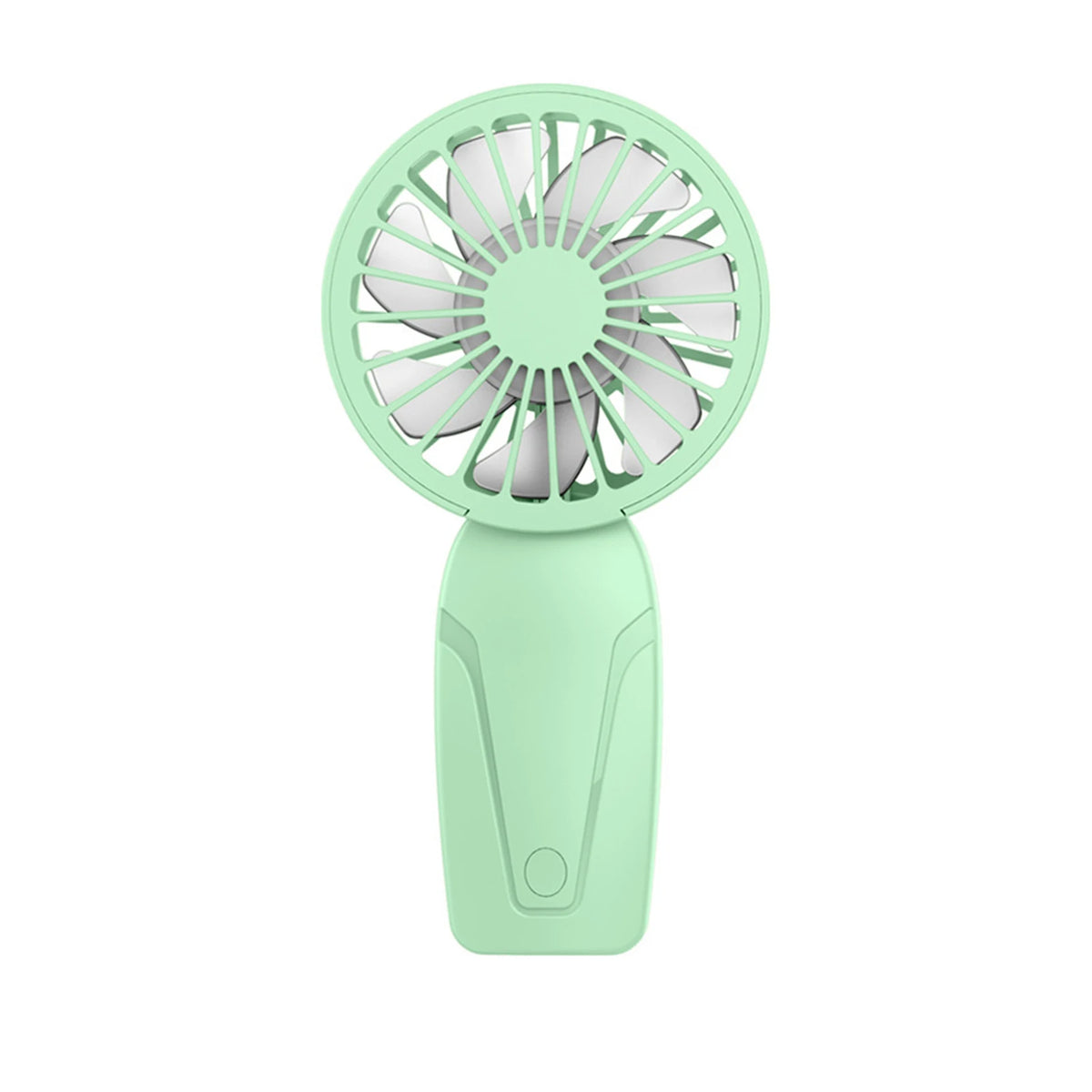 A light green handheld fan with a circular grille and a smooth body.