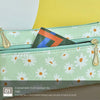 A light green PU leather wristlet wallet with a zipper closure and a patterned front pocket.