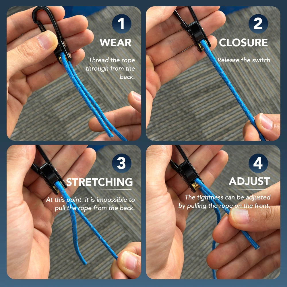 Four steps demonstrating how to wear, close, stretch, and adjust a heavy-duty paracord tensioner with alloy carabiners.