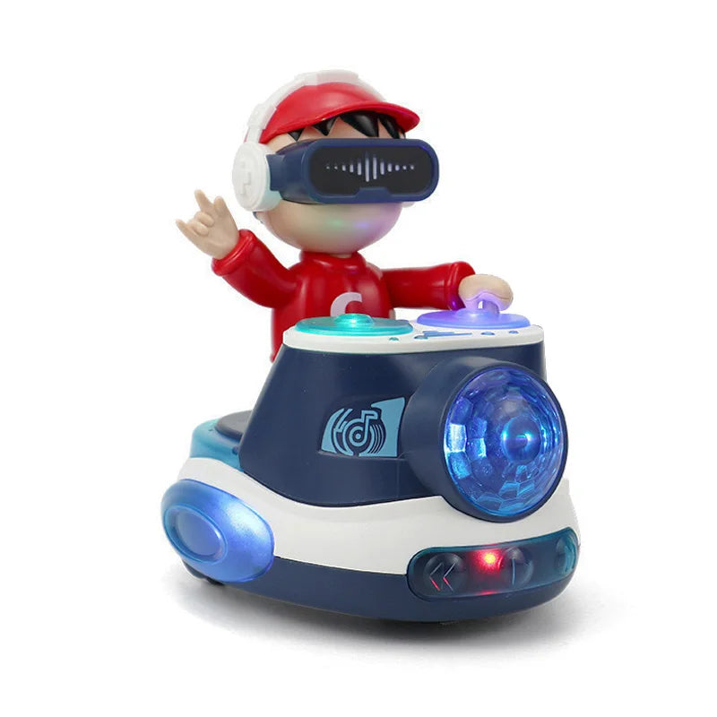 A child-like figure wearing a red shirt and a helmet is operating an interactive DJ bouncing car toy with blue lights.