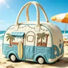 A light blue quilted travel duffle bag with a handle and palm tree design resting on a sandy beach.