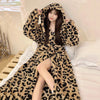 Women's Leopard Print Hooded Flannel Bathrobe