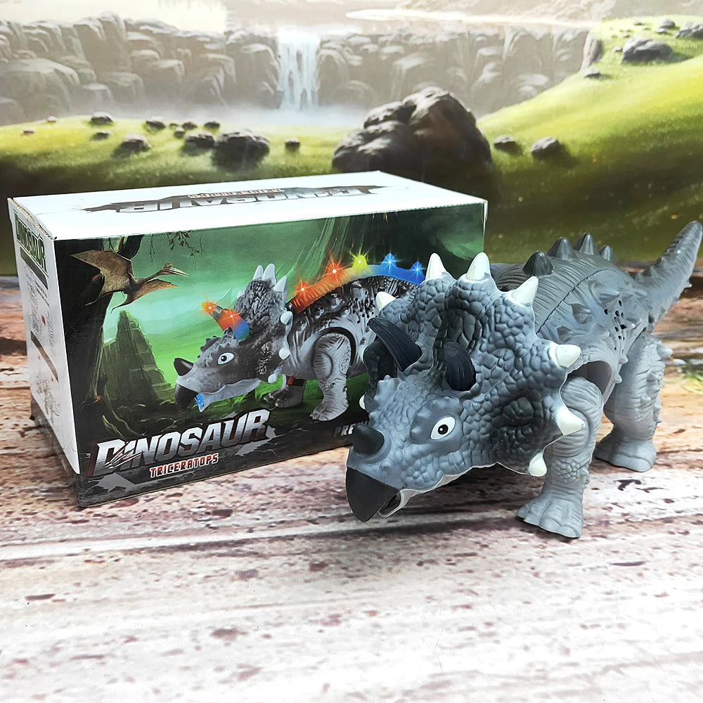 A boxed dinosaur toy featuring a T-Rex, with other dinosaurs visible in the background.