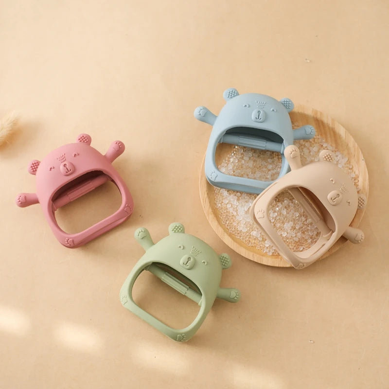 Baby Teething Gloves with Cartoon Bear Design
