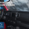A custom-fit windshield sunshade is shown inside a vehicle, designed to lower the temperature.