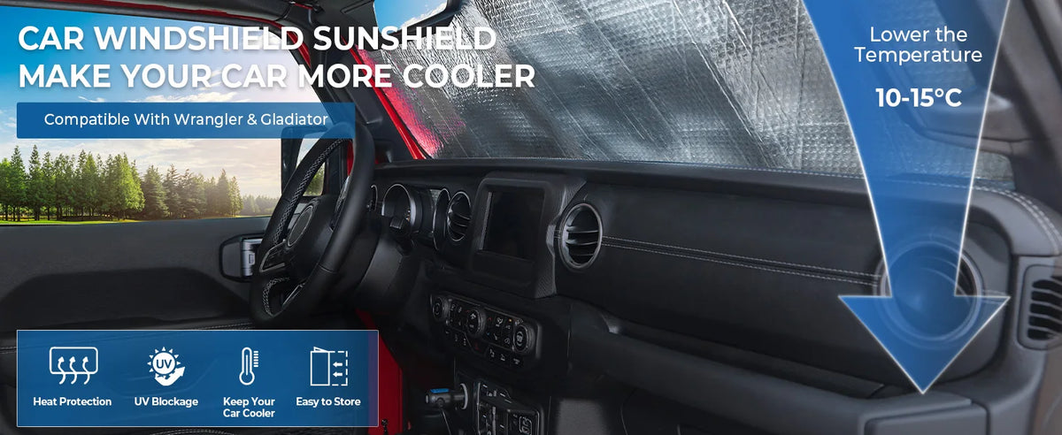 A custom-fit windshield sunshade is shown inside a vehicle, designed to lower the temperature.
