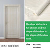 A vertical wooden door featuring a light beige wood grain pattern, shown next to a roll of matching sticker material.