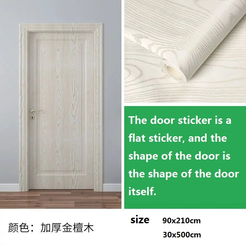 A vertical wooden door featuring a light beige wood grain pattern, shown next to a roll of matching sticker material.