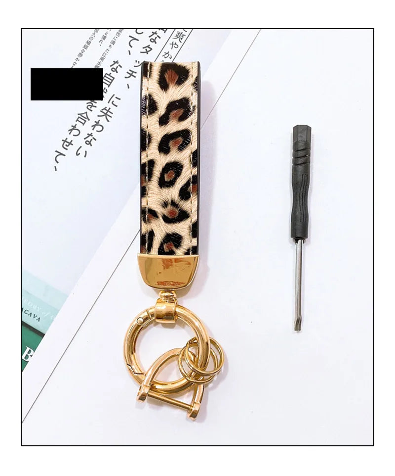 Zebra Print Leather Keychain with Animal Pattern