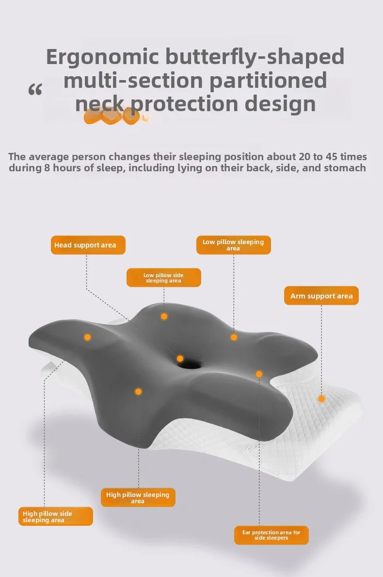 Gray butterfly-shaped multi-section partitioned neck protection pillow with various support areas