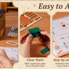 DIY book nook kit showing clear parts, step-by-step guide, and a finished display of a vintage Japanese corner shop.