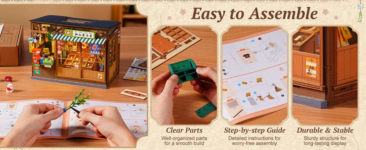 DIY book nook kit showing clear parts, step-by-step guide, and a finished display of a vintage Japanese corner shop.