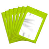 A stack of five bright lime green Mylar ziplock bags with clear windows for packaging.
